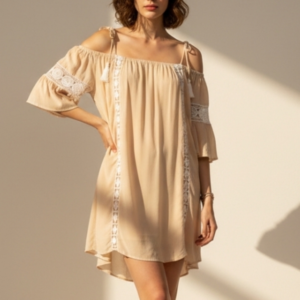 Sea Gypsies Tan off the shoulder crochet Mini Loose Fit Dress Size M/L